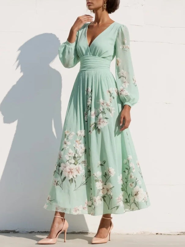 Robe Midi Plissée en Mousseline à Col V Fleurie Vert Clair