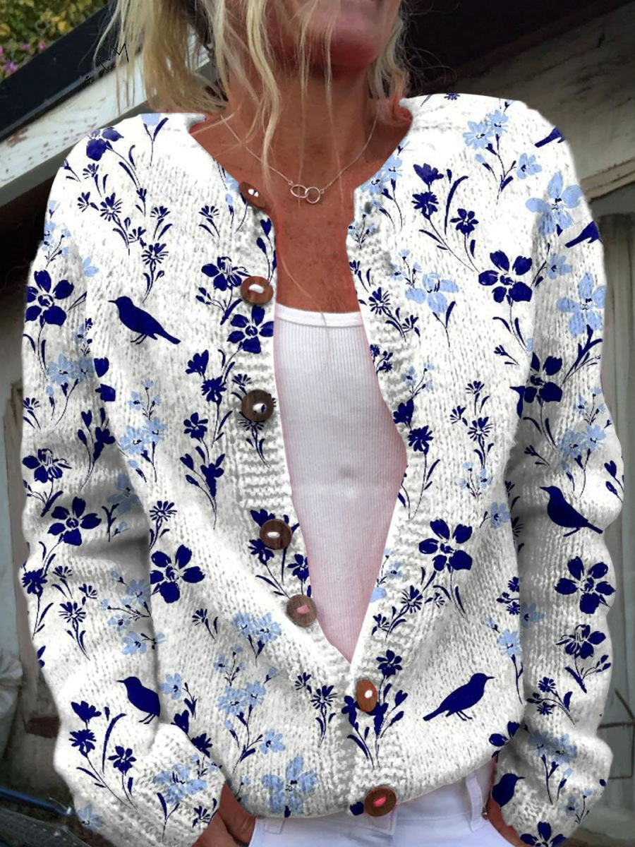 Vynora™ | Cardigan Boutonné Imprimé Fleuri et Oiseaux Vintage
